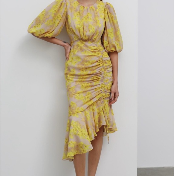 YELLOW BLOSSOM DRAWSTRING ASYMMETRIC RUFFLE MIDI DRESS - Picture 6 of 7